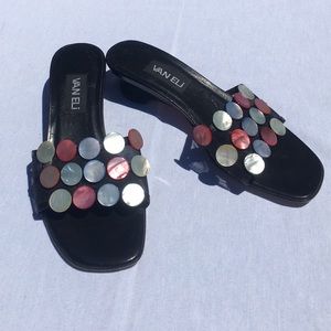 Capiz  button and mesh open toe summer mules.